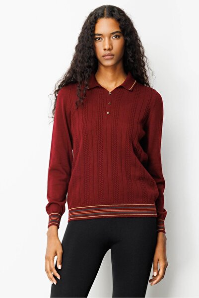 Desen Triko Women's Polo Neck Glitter Striped Wool Blouse Burgundy