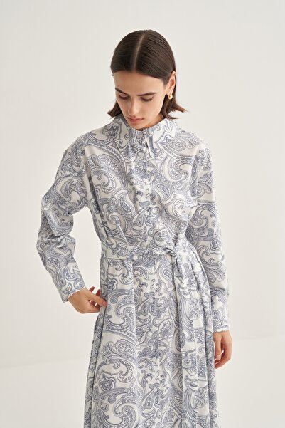 EBU Prive Women's Poplin Shirt Dress Paisley Pattern Navy Blue
