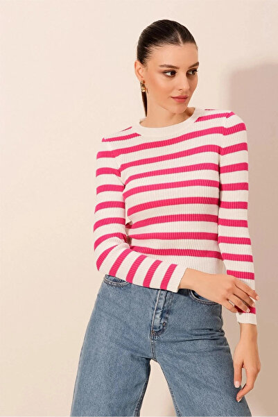 hazelin Women's Pink Striped Crew Neck Knit Sweater Hzl24W-Bd1101331