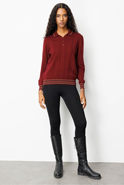 Desen Triko Women's Polo Neck Glitter Striped Wool Blouse Burgundy