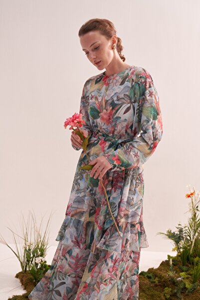 EBU Prive Women's Chiffon Ruffle Dress Tropical Floral Pattern Blue