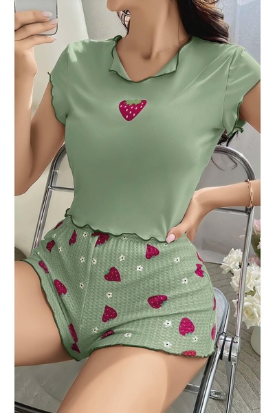 The LOG INVEST Green Strawberry Patterned Suspender Shorts Pajama Set