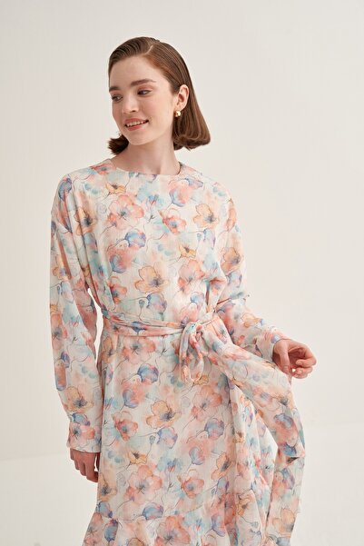 EBU Prive Women's Chiffon Ruffle Dress Glittering Colorful Floral Pattern Ecru