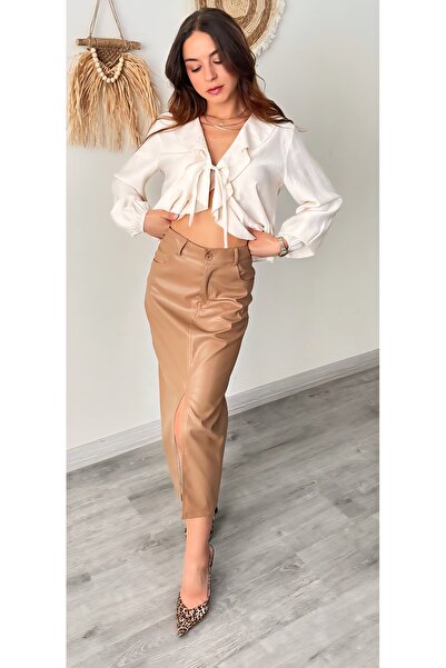 Şamdan Slit Faux Leather Skirt