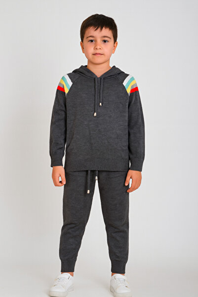 Minora Tricotaj unisex cu glugă, set cu detaliu în dungi ANTRACIT