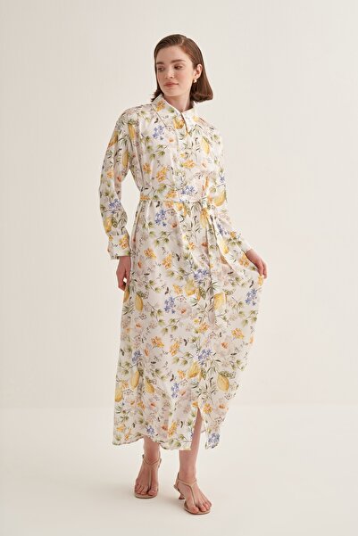EBU Prive Women's Patterned Oversize Shirt Dress Lemon Floral Pattern
