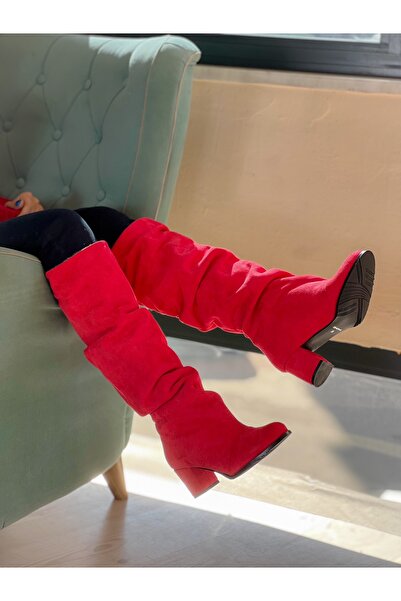 BERFONA Pusi Red Suede 5 cm Heel Rubberized Ankle Boots