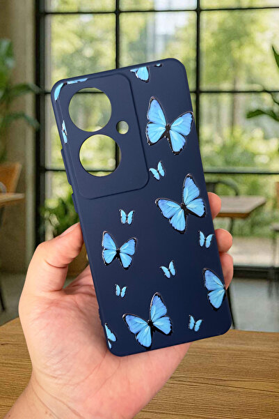 Vip Case OPPO RENO 11F Uyumlu Mavi Kelebek Desenli Silikon Darbe Emici Klasik Korumalı Rubber Kılıf