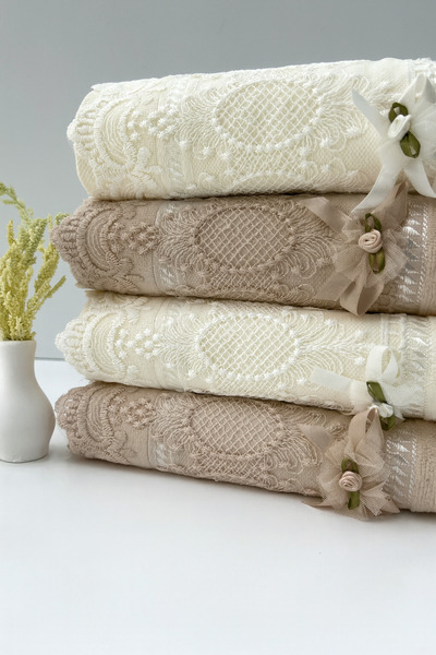 AYHANHOME 50x90 Set of 4 100% Cotton Velvet Lace Laced Bow Dowry Hand and Face Towels