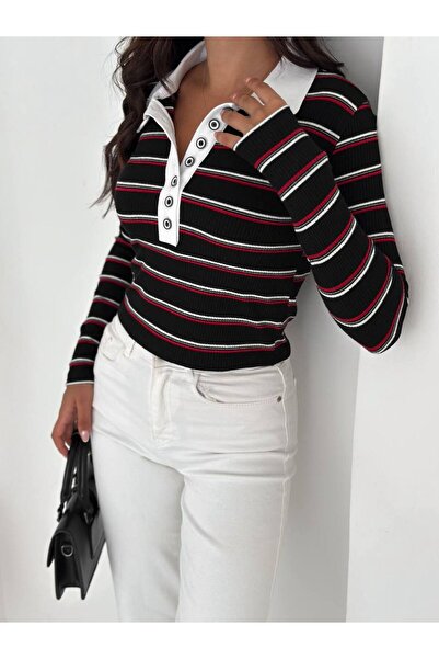 Noa Noa Striped Buttoned Collared Long Sleeve Crop Blouse