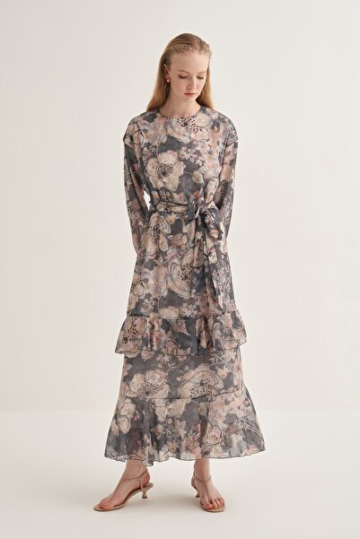 EBU Prive Kadın Şifon Fırfırlı Elbise Parıltılı Renkli Çiçekli Desen Füme