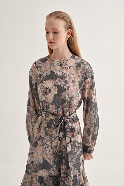 EBU Prive Kadın Şifon Fırfırlı Elbise Parıltılı Renkli Çiçekli Desen Füme