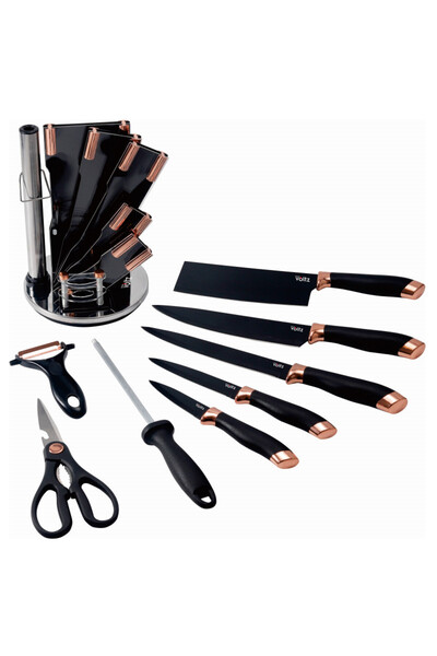 Voltz Oliver Knife Set OV51633K9G, 9 pieces, Stand, Black/Rose Gold