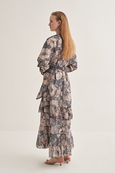 EBU Prive Kadın Şifon Fırfırlı Elbise Parıltılı Renkli Çiçekli Desen Füme