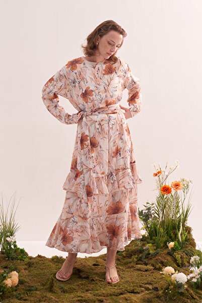 EBU Prive Women's Chiffon Ruffle Dress Glittering Orange Floral Pattern Ecru