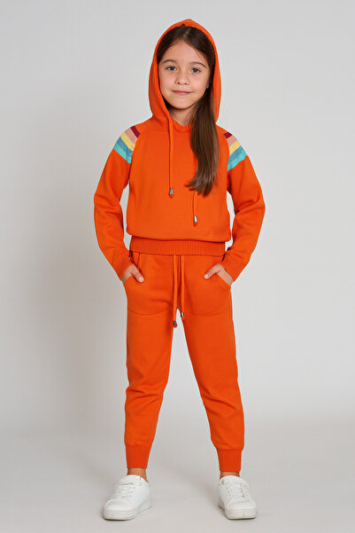 Minora Tricotaj unisex cu glugă, set cu detaliu în dungi ORANGE