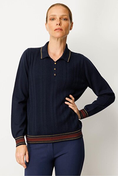 Desen Triko Women's Polo Neck Glitter Striped Wool Blouse Dark Navy