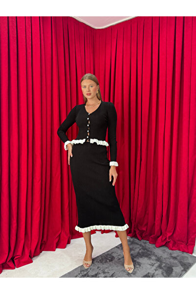 Neva Wear Ruffle Detailed Women's Knitwear Set – Buttoned Top and Maxi Skirt