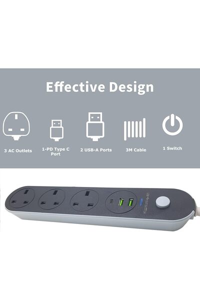 lyvenda Extension 3 meter power strip has 2 usb 1 pd type c 3A 3 uk power socket heavy duty extension lead