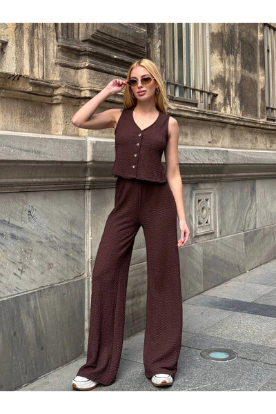 hazelin Women's Brown Elastic Waist Seersucker Fabric Trousers Hzl24S-Zk13261