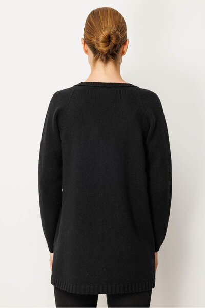 Desen Triko Women's V-Neck Hair Braided Long Wool Cardigan Black