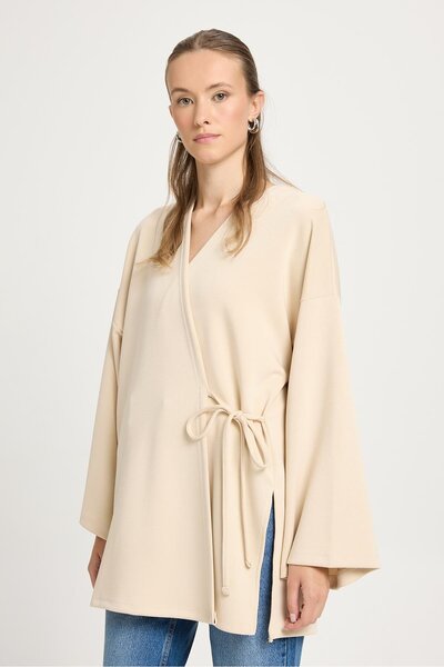 minaaise Women's Stone Oversize Long Kimono Soft Modal Jacket 30006