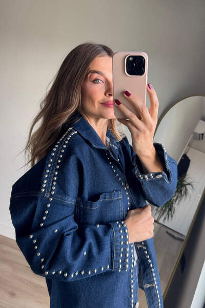 Sue Store Navy Blue Staple Print Shirt Pants Denim Suit