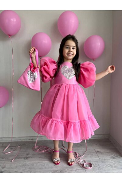 Sare Çocuk Giyim Girl's Pink Heart and Ruffle Detailed Karolin Princess Birthday Evening Dress + Bag + Buckle