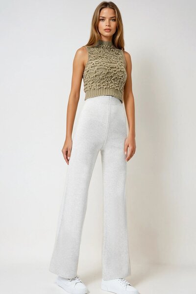 VAGGON Women's Ecru High Waist Elastic Waist Knitwear Palazzo Pants Vs00973