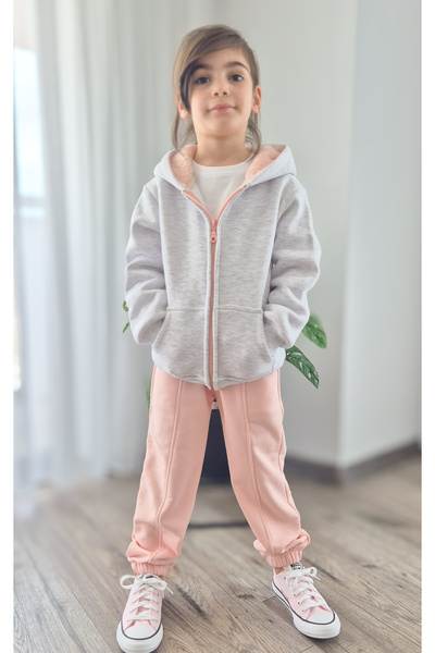 BALKABAĞI Girl's Zippered Sweat Jacket / Sweatpants with Plush Hat (2-9 Years)