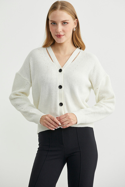 Sementa Collar Detailed Buttoned Knitwear Cardigan - Bone