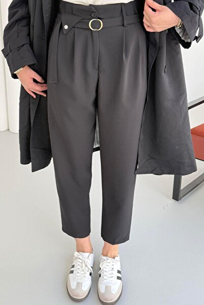 Modaensarbutik Yüksek Bel Toka Detaylı Havuç Pantolon-SİYAH