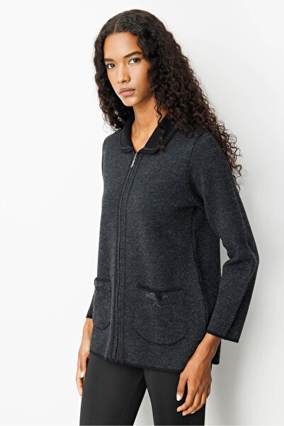 Desen Triko Women's Polo Neck Pocket Embroidered Wool Cardigan Black
