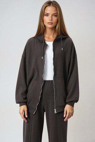 VAGGON Women's Brown Double Pocket Zipper Closure Hooded Cardigan Vs01015
