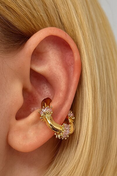 TAKIŞTIR Altın Renk Taş Detaylı 14K Altın Kaplama TX Ear Cuff (Tek)
