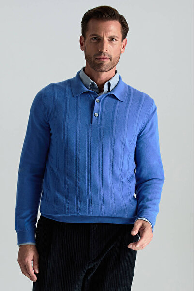 Hemington Saf Kaşmir Polo Yaka Şerit Desenli Mavi Triko