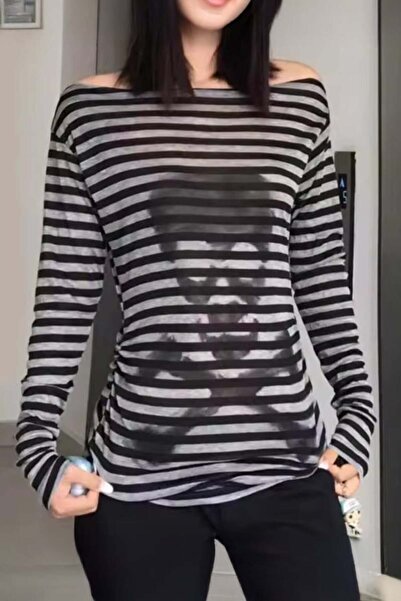 Köstebek Skulls Danger Gray Black Striped Sweatshirt