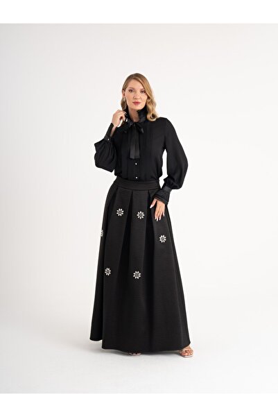 SERPİL Pileli ve Taş Detaylı Uzun Etek 40353