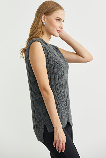 Sementa Long Back Crew Neck Wool Knit Sweater - Dark Gray