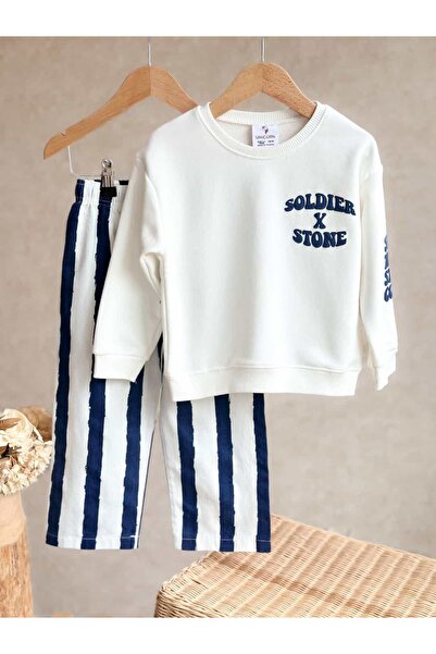 Pinkitokids Stay True Stay Cool Embossed Printed Sweatshirt and Striped Pants Set