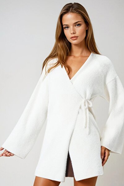 VAGGON Women's Ecru Double Breasted Collar Tasseled Cardigan Vs01002