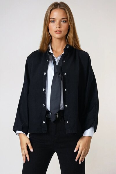 VAGGON Black Snap Button Jacket with Short Front and Long Back Batwing Sleeves