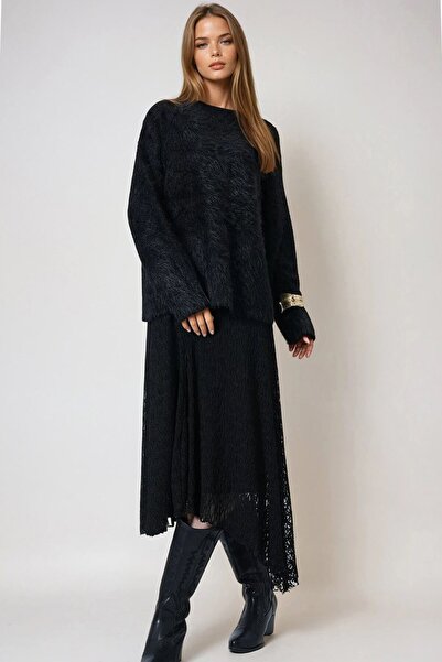 VAGGON Kadın Siyah Bisiklet Yaka Püsküllü Kazak Vs01025