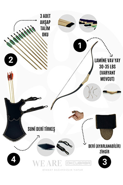 okcubaba Geleneksel Okçuluk Lamine 'Vav' Set- Vav Yay + 3 Ok + Zihgir + Tirkeş
