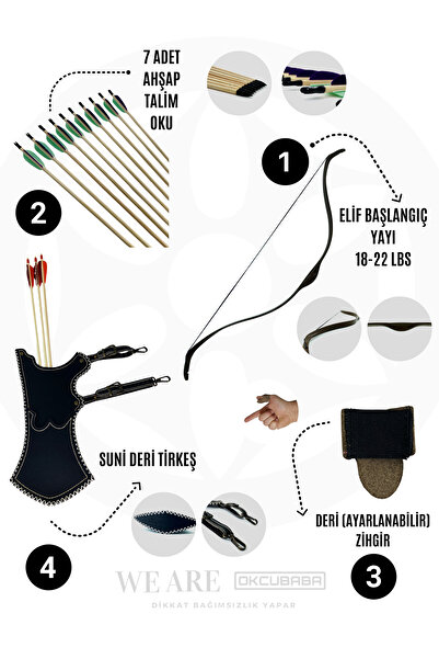 okcubaba Geleneksel Okçuluk Başlangıç Seti - Elif Yay + 7 Ok + Zihgir + Tirkeş
