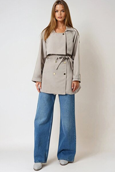 VAGGON Kadın Taş Çift Cepli Astarlı Kemerli Omuzu Ve Beli Apoletli Trençkot Vs01026
