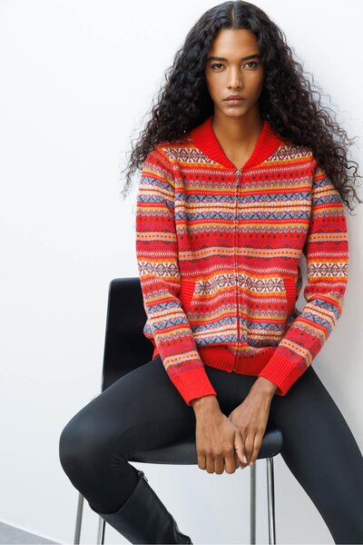 Desen Triko Women's Judge Collar Jacquard Wool Cardigan Coral
