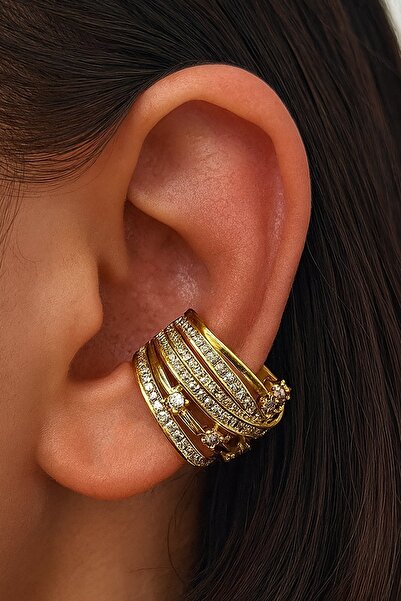 TAKIŞTIR Altın Renk Taş Detaylı 14K Altın Kaplama TX Ear Cuff (Tek)