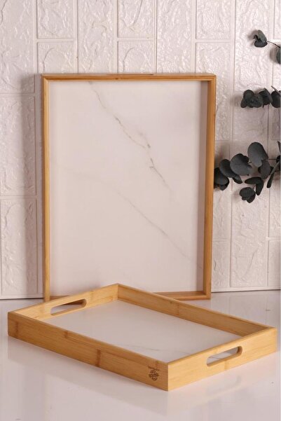 Atbyhome Bambum Marbella - Set of 2 Marble Patterned Trays White Large Medium