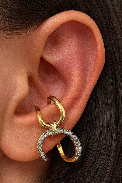 TAKIŞTIR Altın Renk Taş Detaylı 14K Altın Kaplama TX Ear Cuff (Tek)